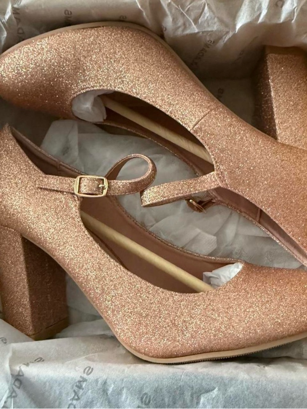 J Adam’s Sparkling Rose Gold Mary Jane Heels - Women's Glitter Pumps